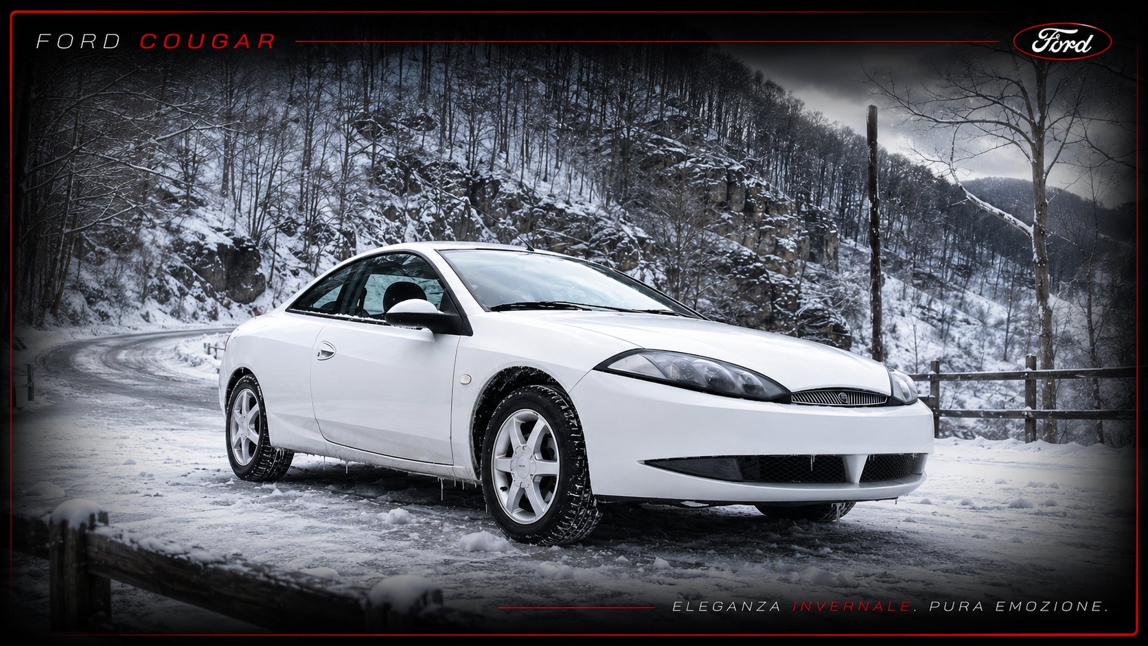 Ford Cougar bianca in un paesaggio invernale