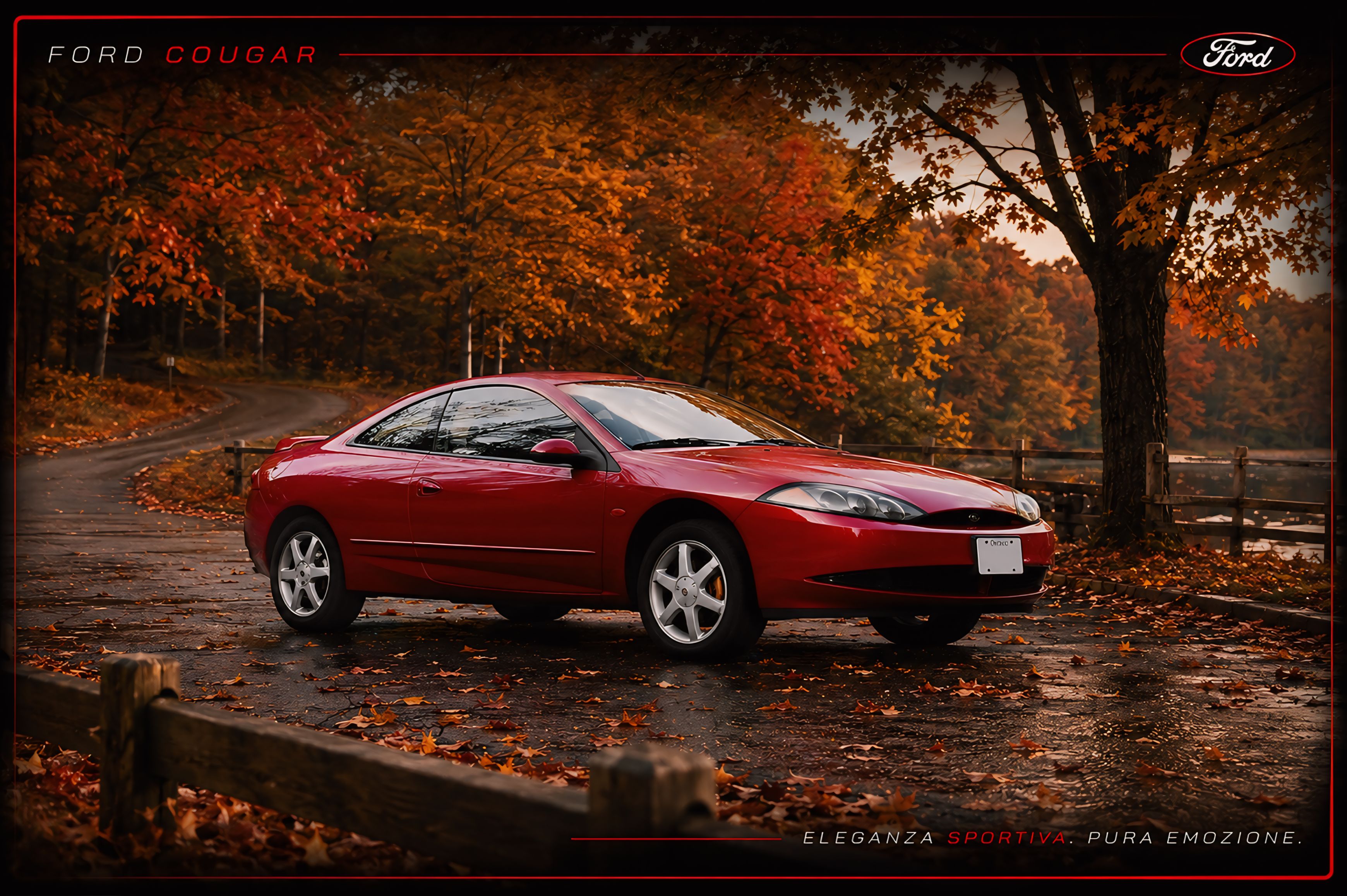 Ford Cougar rossa in un paesaggio autunnale
